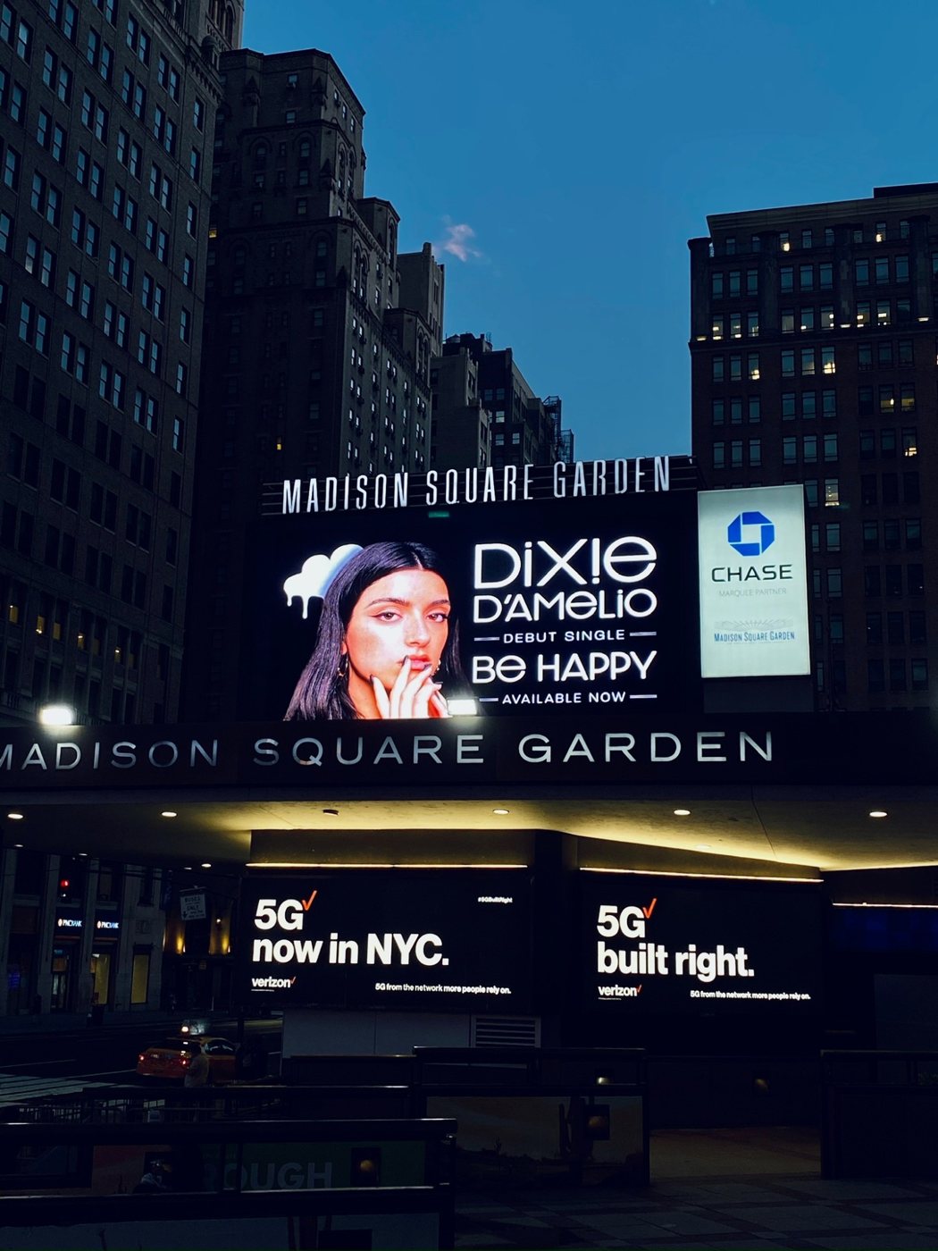 Dixie D’Amelio’s debut single Be Happy on the Madison Square Garden marquee