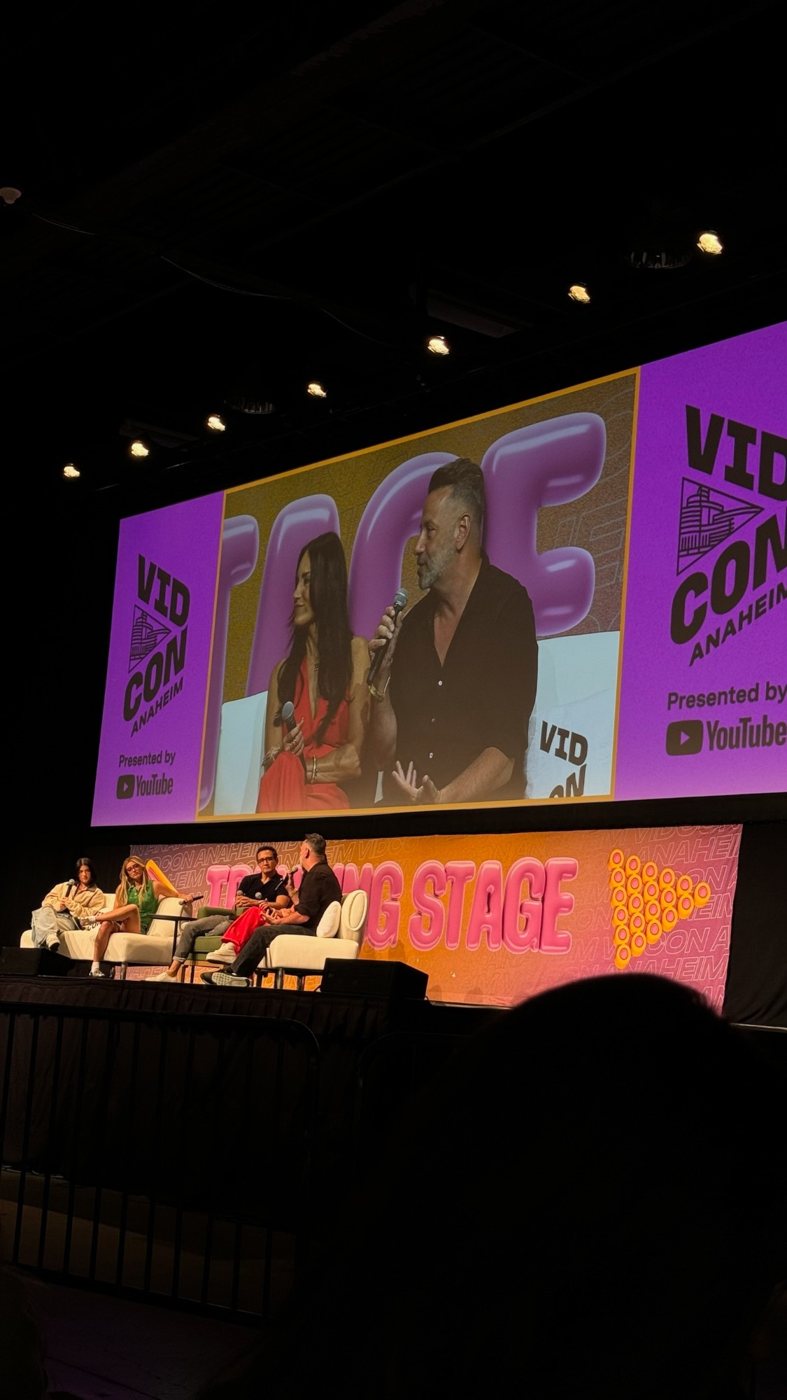 Marc and Heidi D’Amelio speaking on the VidCon Anaheim stage